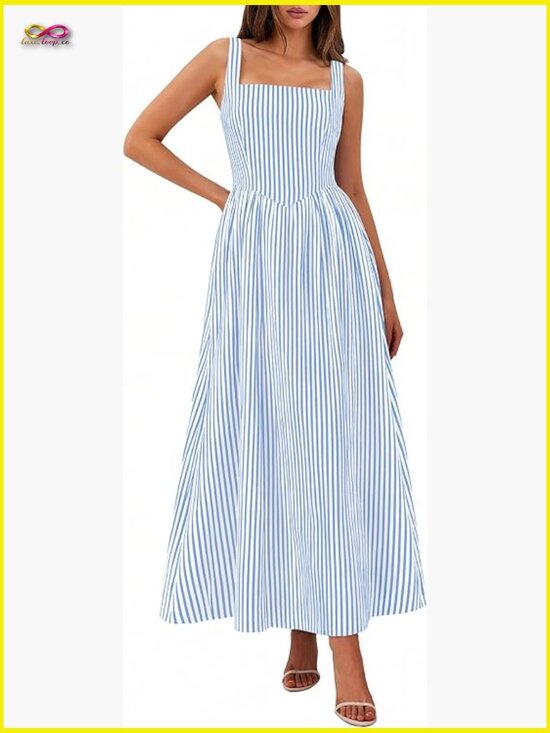 Dresses & Skirts - Striped Maxi Dress Smocked A-Line Flowy Beach Vacation Party Square Neck